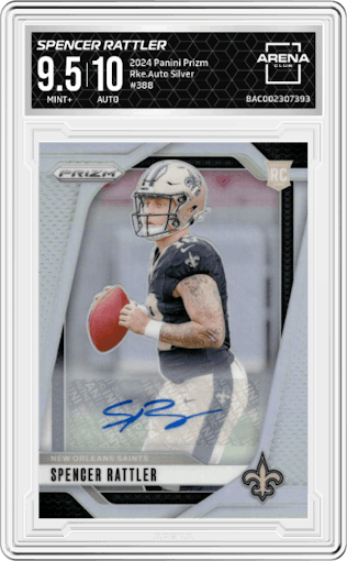 Spencer Rattler from the 2024 Panini Prizm set featuring a  Silver  parallel graded by Arena Club and given an overall grade of 9.5.