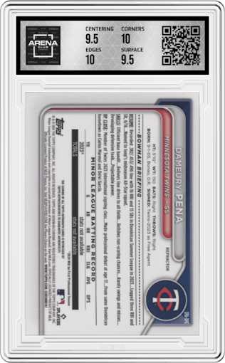 Dameury Pena from the 2024 Bowman Chrome set featuring a Refractor parallel graded by Arena Club and given an overall grade of 10.