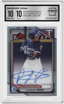 Dameury Pena from the 2024 Bowman Chrome set featuring a Refractor parallel graded by Arena Club and given an overall grade of 10.