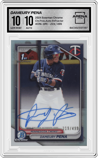 Dameury Pena from the 2024 Bowman Chrome set featuring a Refractor parallel graded by Arena Club and given an overall grade of 10.