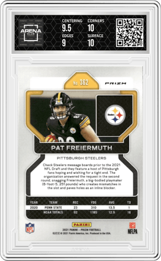 Pat Freiermuth from the 2021 Panini Prizm set featuring a Black & White Checker parallel graded by Arena Club and given an overall grade of 9.5.