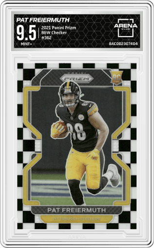 Pat Freiermuth from the 2021 Panini Prizm set featuring a Black & White Checker parallel graded by Arena Club and given an overall grade of 9.5.