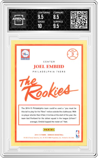 Joel Embiid from the 2014-15 Panini Donruss  set featuring a Press Proof Purple  parallel graded by Arena Club and given an overall grade of 9.