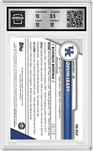 Devin Leary from the 2023 Bowman Chrome University Sapphire Edition set featuring a Black  parallel graded by Arena Club and given an overall grade of 10.