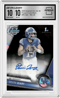 Devin Leary from the 2023 Bowman Chrome University Sapphire Edition set featuring a Black  parallel graded by Arena Club and given an overall grade of 10.