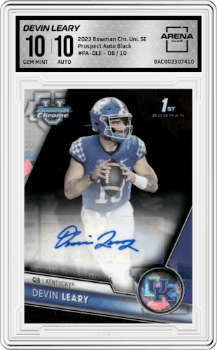 Devin Leary from the 2023 Bowman Chrome University Sapphire Edition set featuring a Black  parallel graded by Arena Club and given an overall grade of 10.