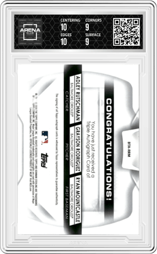 Adley Rutschman/Grayson Rodriguez/Ryan Mountcastle from the 2020 Bowman Sterling set graded by Arena Club and given an overall grade of 9.5.