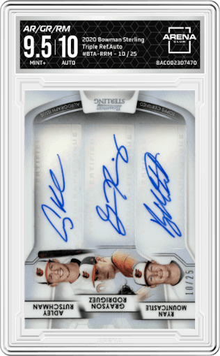Adley Rutschman/Grayson Rodriguez/Ryan Mountcastle from the 2020 Bowman Sterling set graded by Arena Club and given an overall grade of 9.5.