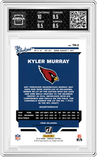 Kyler Murray from the 2019 Panini Donruss set graded by Arena Club and given an overall grade of 9.
