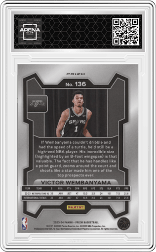 Victor Wembanyama from the 2023-24 Panini Prizm set featuring a Green Prizm parallel graded by Arena Club.