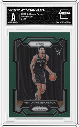 Victor Wembanyama from the 2023-24 Panini Prizm set featuring a Green Prizm parallel graded by Arena Club.