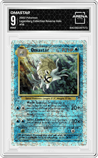Omastar from the 2002 Pokemon  set graded by Arena Club and given an overall grade of 9.