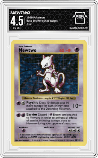 Mewtwo from the 1999 Pokemon set graded by Arena Club and given an overall grade of 4.5.