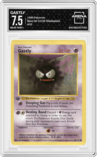 Gastly from the 1999 Pokemon set graded by Arena Club and given an overall grade of 7.5.
