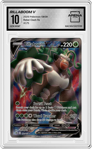 Rillaboom V from the 2020 Pokemon SWSH set graded by Arena Club and given an overall grade of 10.