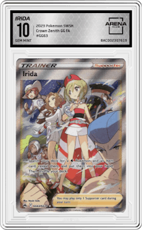 Irida from the 2023 Pokemon SWSH set graded by Arena Club and given an overall grade of 10.