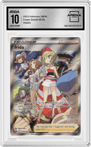 Irida from the 2023 Pokemon SWSH set graded by Arena Club and given an overall grade of 10.