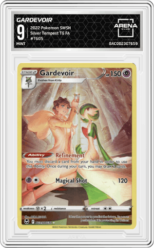 Gardevoir from the 2022 Pokemon SWSH set graded by Arena Club and given an overall grade of 9.