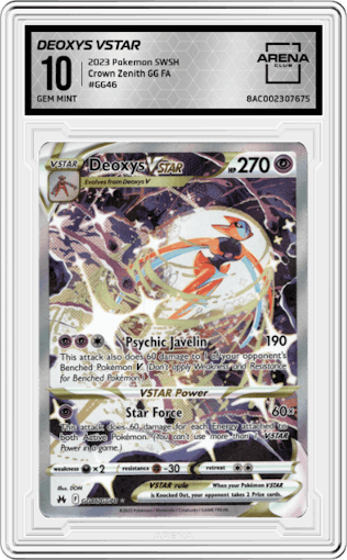 Deoxys VSTAR from the 2023 Pokemon SWSH set graded by Arena Club and given an overall grade of 10.