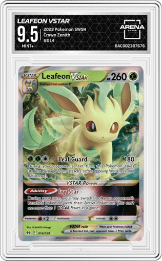 Leafeon VSTAR from the 2023 Pokemon SWSH set graded by Arena Club and given an overall grade of 9.5.