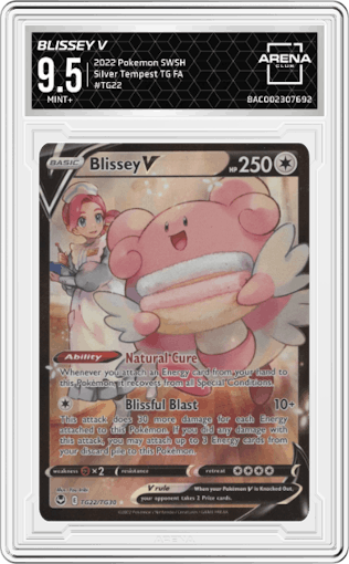 Blissey V from the 2022 Pokemon SWSH set graded by Arena Club and given an overall grade of 9.5.