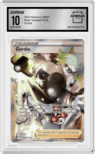 Gordie from the 2022 Pokemon SWSH set graded by Arena Club and given an overall grade of 10.