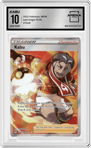 Kabu from the 2022 Pokemon SWSH set graded by Arena Club and given an overall grade of 10.