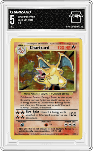 Charizard from the 1999 Pokemon set graded by Arena Club and given an overall grade of 5.