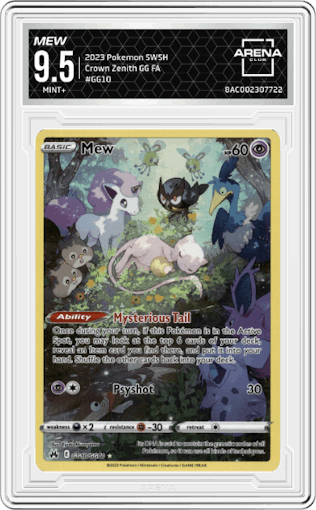 Mew from the 2023 Pokemon SWSH set graded by Arena Club and given an overall grade of 9.5.