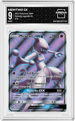 Mewtwo GX from the 2017 Pokemon S&M set graded by Arena Club and given an overall grade of 9.