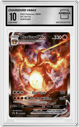 Charizard VMAX  from the 2022 Pokemon SWSH set featuring a Ultra Premium Collection parallel graded by Arena Club and given an overall grade of 10.