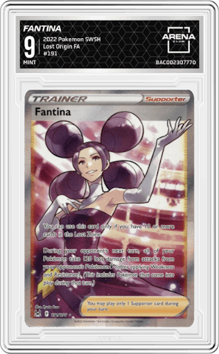 Fantina from the 2022 Pokemon SWSH set graded by Arena Club and given an overall grade of 9.