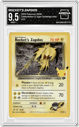 Rocket's Zapdos from the 2021 Pokemon SWSH set featuring a Gym Challenge parallel graded by Arena Club and given an overall grade of 9.5.
