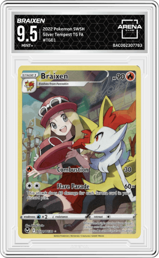 Braixen from the 2022 Pokemon SWSH set graded by Arena Club and given an overall grade of 9.5.
