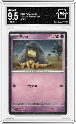 Abra from the 2023 Pokemon SV set featuring a Alakazam ex Box Exclusive parallel graded by Arena Club and given an overall grade of 9.5.