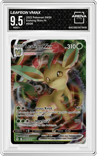 Leafeon VMAX from the 2021 Pokemon SWSH set graded by Arena Club and given an overall grade of 9.5.