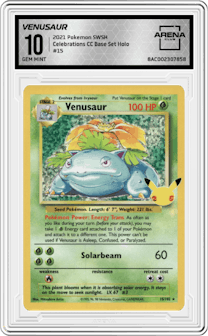 Venusaur from the 2021 Pokemon SWSH set featuring a Base Set parallel graded by Arena Club and given an overall grade of 10.