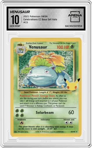 Venusaur from the 2021 Pokemon SWSH set featuring a Base Set parallel graded by Arena Club and given an overall grade of 10.