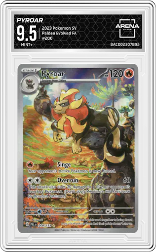 Pyroar from the 2023 Pokemon SV set graded by Arena Club and given an overall grade of 9.5.