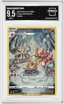 Magmortar from the 2023 Pokemon SWSH set graded by Arena Club and given an overall grade of 9.5.
