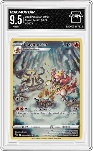 Magmortar from the 2023 Pokemon SWSH set graded by Arena Club and given an overall grade of 9.5.
