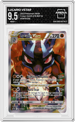 Lucario VStar from the 2023 Pokemon SWSH set featuring a Crown Zenith ETB parallel graded by Arena Club and given an overall grade of 9.5.