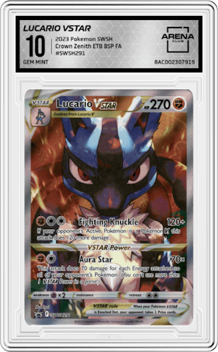 Lucario VStar from the 2023 Pokemon SWSH set featuring a Crown Zenith ETB parallel graded by Arena Club and given an overall grade of 10.