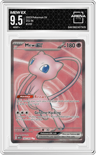 Mew EX from the 2023 Pokemon SV set graded by Arena Club and given an overall grade of 9.5.