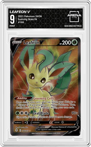 Leafeon V from the 2021 Pokemon SWSH set graded by Arena Club and given an overall grade of 9.