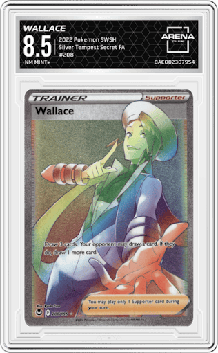 Wallace from the 2022 Pokemon SWSH set graded by Arena Club and given an overall grade of 8.5.