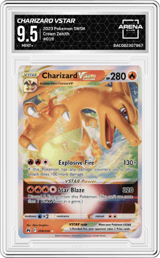 Charizard VSTAR from the 2023 Pokemon SWSH set graded by Arena Club and given an overall grade of 9.5.