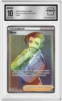 Rose from the 2020 Pokemon SWSH set graded by Arena Club and given an overall grade of 10.