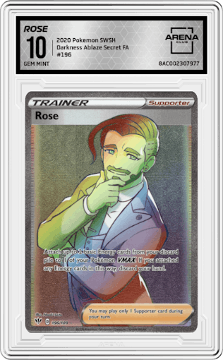 Rose from the 2020 Pokemon SWSH set graded by Arena Club and given an overall grade of 10.