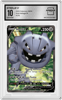 Steelix V from the 2020 Pokemon SWSH set graded by Arena Club and given an overall grade of 10.